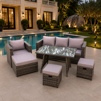 Dark Mixed Grey Rattan Garden Outdoor Sofa Set Chair Rectangular Dining Table Big Footstool 2 Small Footstools 7 Seater