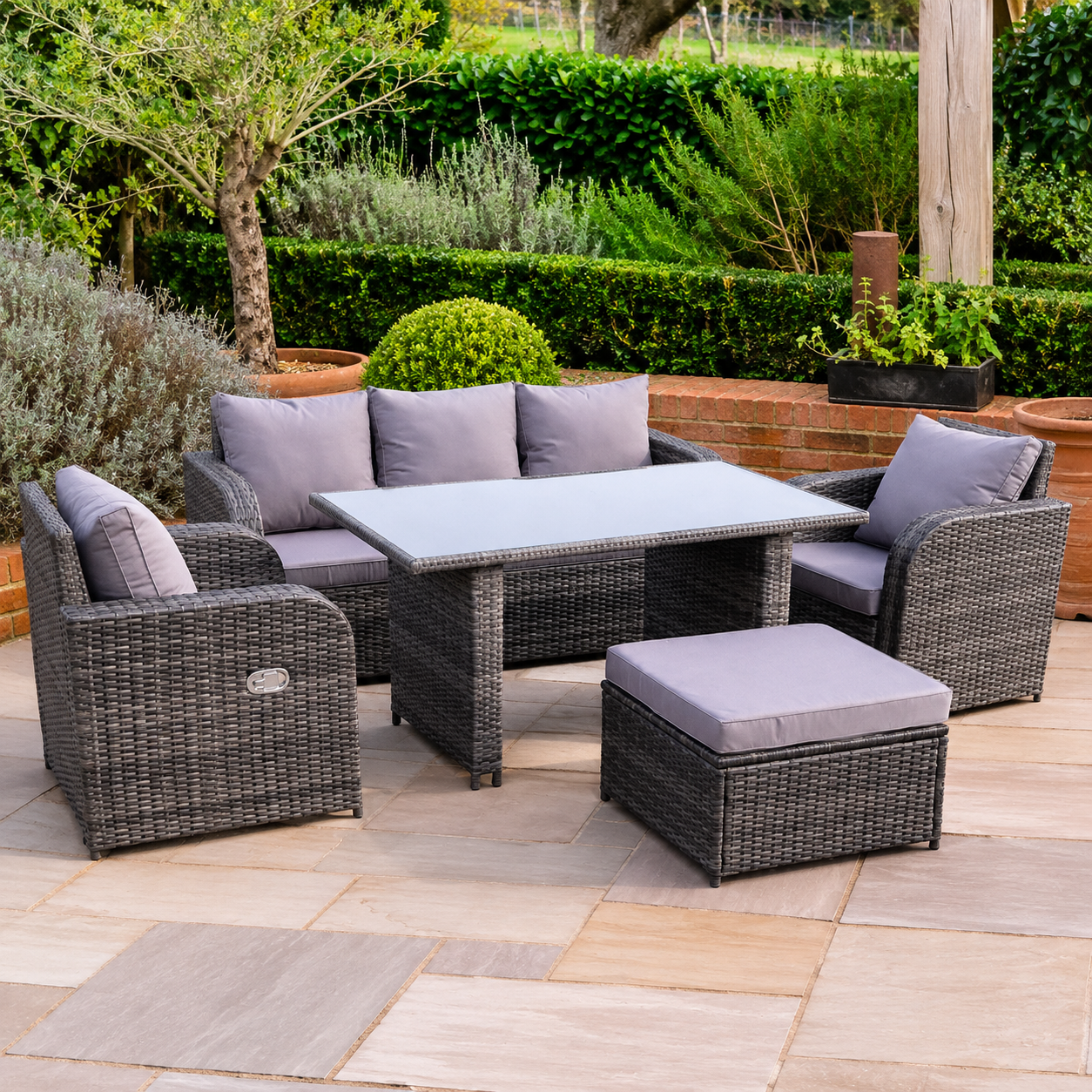 Rattan Garden Furniture Set Adjustable Chair Sofa Lounge 3 Seater Sofa Rectangular Dining Black Glass Table Footstool