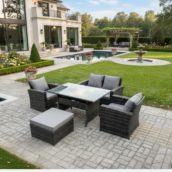 PE Wicker Outdoor Garden Furniture Set Patio Furniture Rattan Rectangular Dining Table Lounge Sofa with Big Footstool