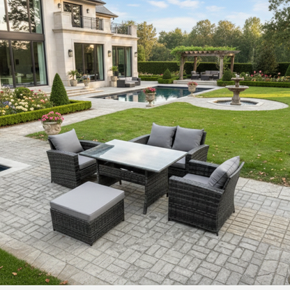 PE Wicker Outdoor Garden Furniture Set Patio Furniture Rattan Rectangular Dining Table Lounge Sofa with Big Footstool