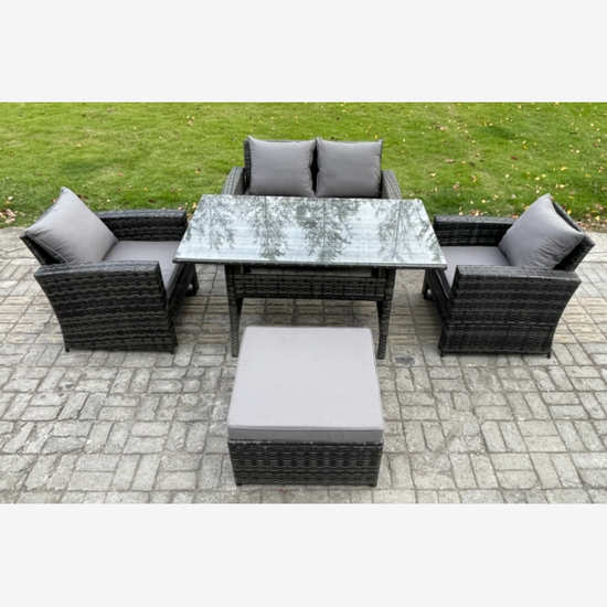 Fimous PE Wicker Outdoor Garden Furniture Set Patio Furniture Rattan Rectangular Dining Table Lounge Sofa with Big Footstool