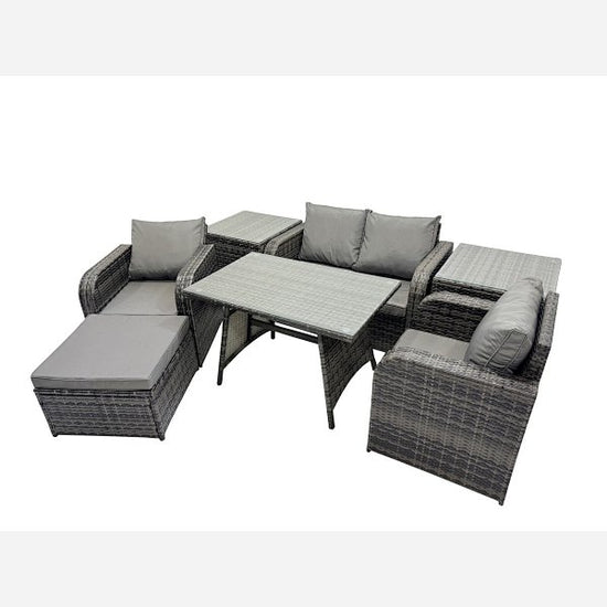 Fimous Outdoor Garden Furniture Set Rattan Sofa Dining Table Set with Reclining Chair 2 Side Tables Big Footstool Dark Grey Mixed