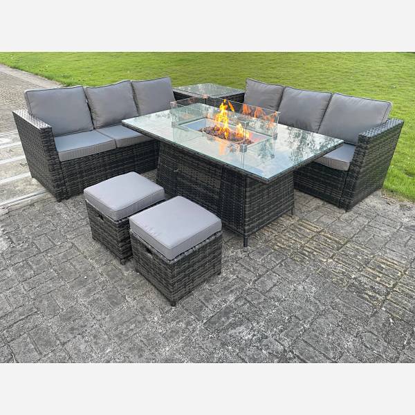 Wicker Rattan Garden Furniture Gas Fire Pit Table Sets Footstool Dark Grey Mix