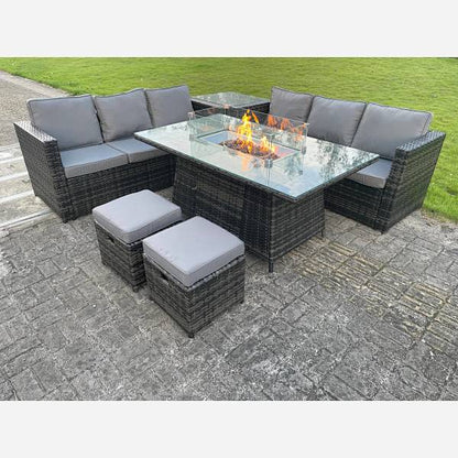 Wicker Rattan Garden Furniture Gas Fire Pit Table Sets Footstool Dark Grey Mix