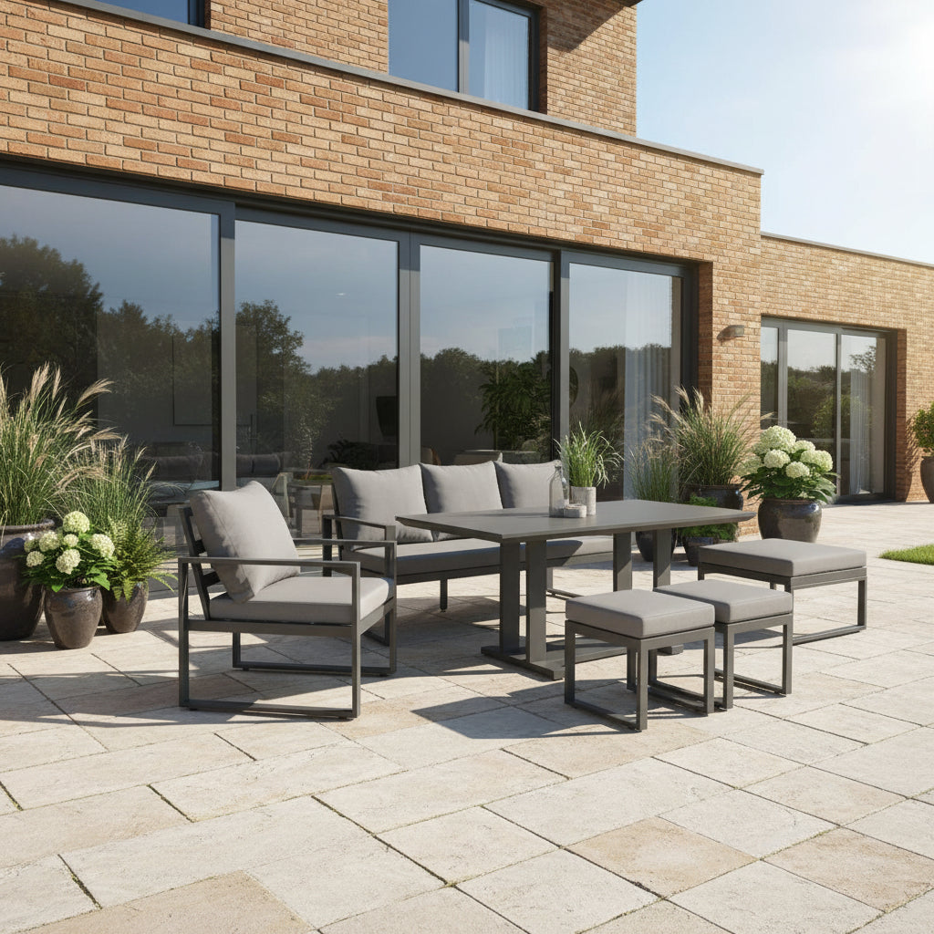 Outdoor Aluminium Garden Furniture Set with Adjustable Rising Lifting Dining Table 3 Seater Sofa Chair 3 Footstools Dark Grey