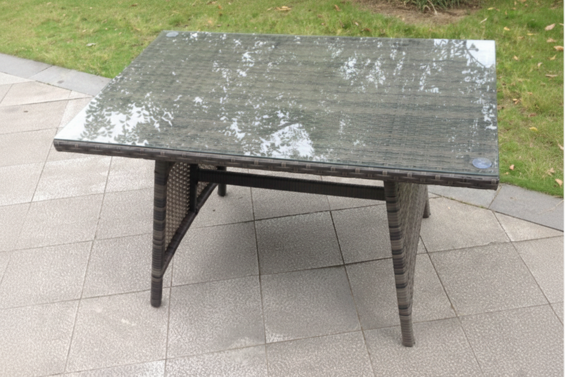Rattan Dining Table Outdoor Garden Furniture Tempered Glass Top Grey Mixed