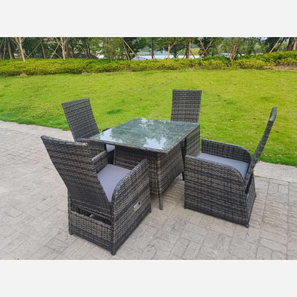 Dark Grey Mixed Outdoor PE Wicker Rattan Garden Furniture Reclining Chair And Table Dining Sets 4 Seater Square Tempered Glass Table
