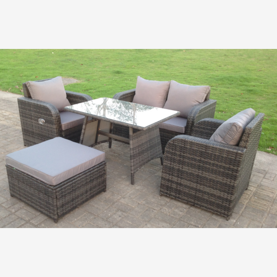 Fimous Rattan Garden Furniture Set Adjustable Chair Sofa Double Love Seat 2 Seater Sofa Rectangular Dining Table Big Footstool