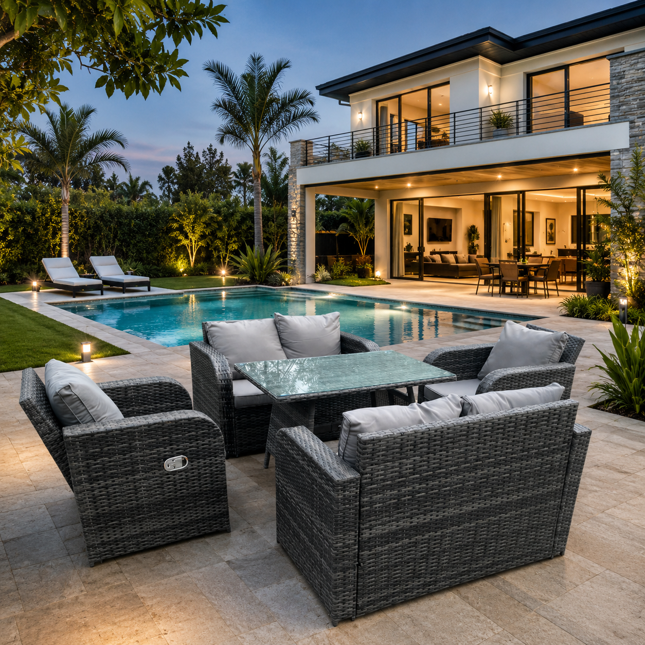 Rattan Garden Furniture Set 6 Seater Lounge Patio Sofa with Cushions Glass Loveseat Sofa Rectangle Table Sets Dark Grey Mixed