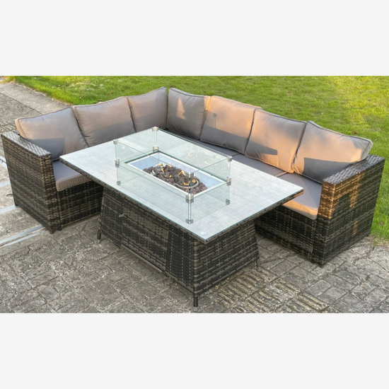 6 seater Outdoor Rattan Garden Left Corner Furniture Set Gas Fire Pit Table Sets Gas Heater Lounge Dark Grey