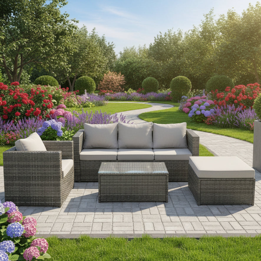 4 PCS Outdoor Lounge Sofa Set Wicker PE Rattan Garden Furniture Set with Armchair Oblong Coffee Table Big Footstool Dark Grey Mixed