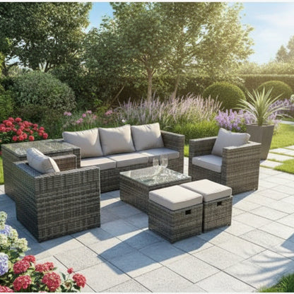 Wicker 7 Pieces Rattan Garden Furniture Sofa Set with Armchair Side Table Square Coffee Table 2 Small Footstools Dark Grey Mixed