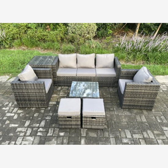 Fimous Wicker 7 Pieces Rattan Garden Furniture Sofa Set with Armchair Side Table Square Coffee Table 2 Small Footstools Dark Grey Mixed