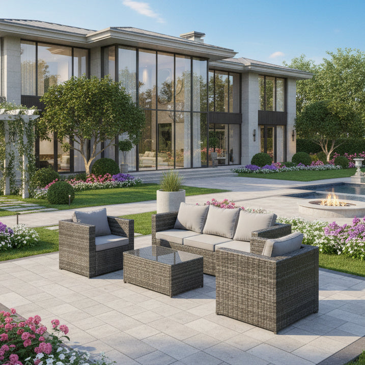 5 Seater Outdoor Lounge Sofa Set Wicker PE Rattan Garden Furniture Set with 2 Armchair Oblong Coffee Table Dark Grey Mixed