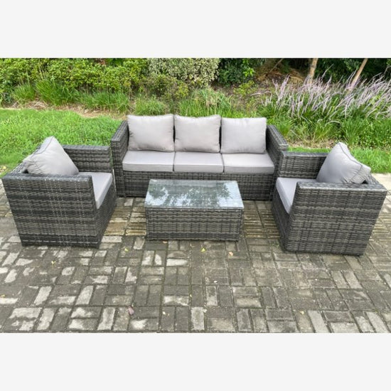 Fimous 5 Seater Outdoor Lounge Sofa Set Wicker PE Rattan Garden Furniture Set with 2 Armchair Oblong Coffee Table Dark Grey Mixed