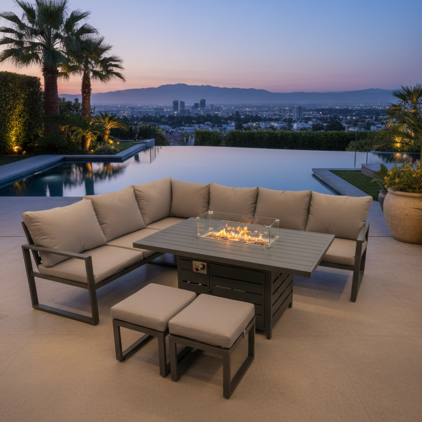 Aluminum Outdoor Garden Furniture Corner Sofa Gas Fire Pit Table Sets 2 Stools Gas Heater Burner Dark Grey 8 Seater