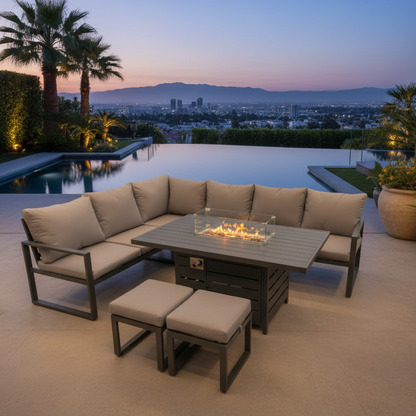 Aluminum Outdoor Garden Furniture Corner Sofa Gas Fire Pit Table Sets 2 Stools Gas Heater Burner Dark Grey 8 Seater