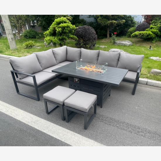 Fimous Aluminum Outdoor Garden Furniture Corner Sofa Gas Fire Pit Table Sets 2 Stools Gas Heater Burner Dark Grey 8 Seater