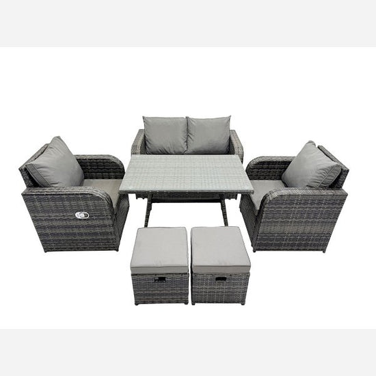 Fimous Outdoor Garden Furniture Set Rattan Sofa Dining Table Set with Reclining Chair 2 Small Footstool Dark Grey Mixed