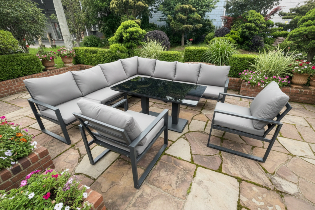 Aluminum Outdoor Garden Furniture Corner Sofa 2 Arm Chair Adjustable Rising Lifting Dining Table Sets Dark Grey 9 Seater