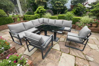 Aluminum Outdoor Garden Furniture Corner Sofa 2 Arm Chair Adjustable Rising Lifting Dining Table Sets Dark Grey 9 Seater