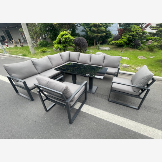 Fimous Aluminum Outdoor Garden Furniture Corner Sofa 2 Arm Chair Adjustable Rising Lifting Dining Table Sets Dark Grey 9 Seater