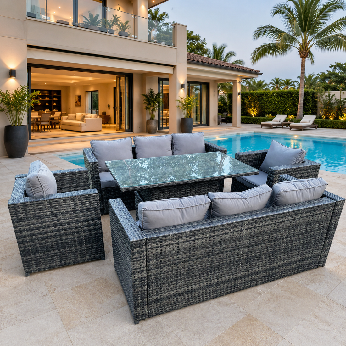 8 Seater Outdoor Rattan Garden Furniture Set Polyrattan Sofa Height Adjustable Table Sets Lounge Chairs Dark Grey