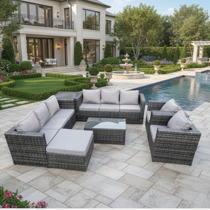 9 Seater Outdoor Lounge Sofa Set Wicker PE Rattan Garden Furniture Set with 2 Armchair Oblong Coffee Table Side Table Big Footstool Dark Grey Mixed