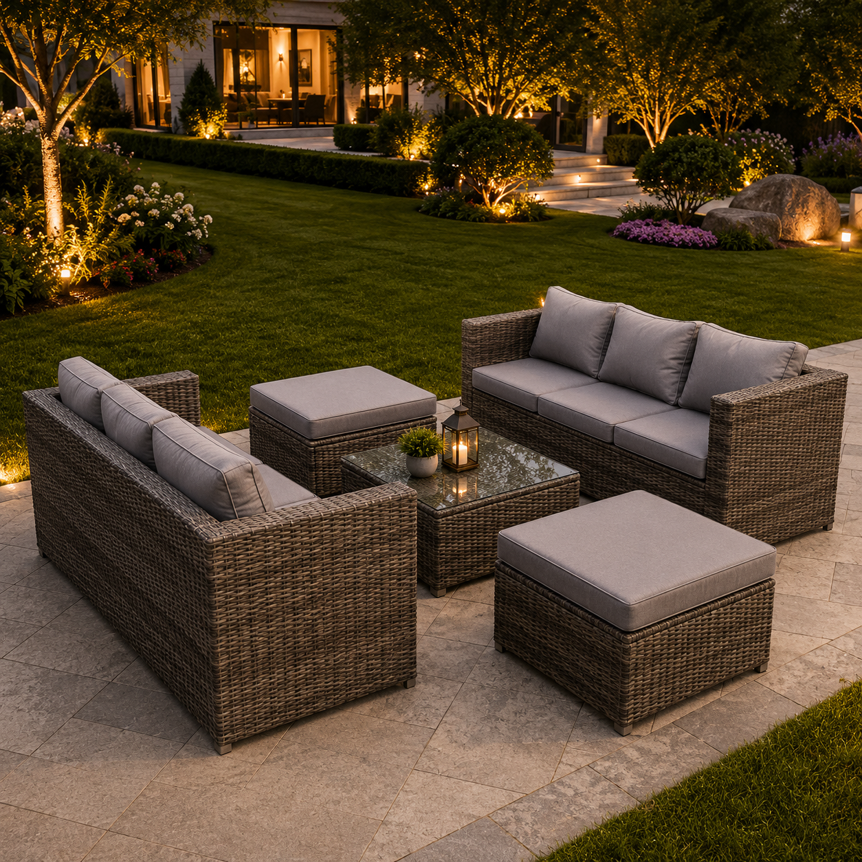 8 Seater Grey Rattan Sofa Set Square Coffee Table Footstool Outdoor Furniture