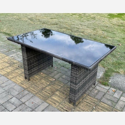 Dark Grey Mixed Outdoor PE Wicker Rattan Garden Furniture Reclining Chair And Table Dining Sets 4 Seater Rectangular Black Tempered Table