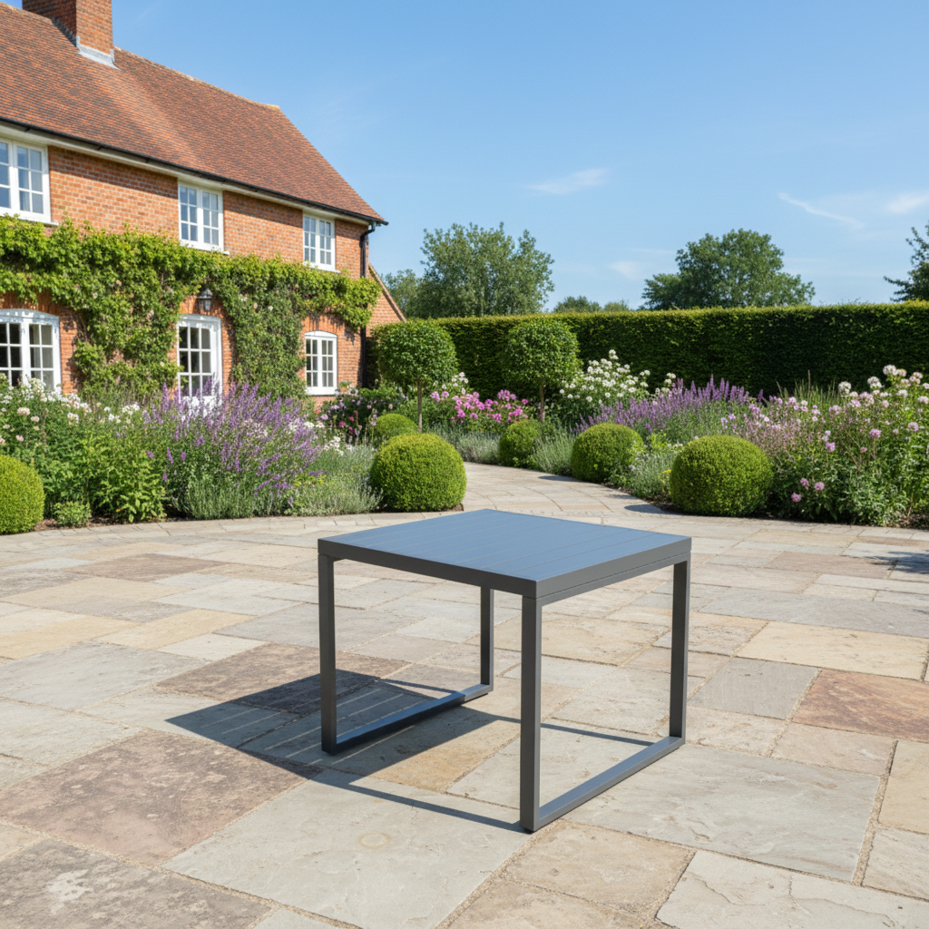 Aluminium Outdoor Garden Furniture Set Gas Fire Pit Dining Table Set Gas Heater Burner with 2 Arm Chair 2 Side Tables Dark Grey 5 Seater
