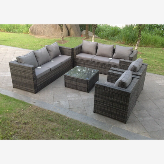 RATTAN SOFA INDOOR OUTDOOR GARDEN FURNITURE CHAIR TABLE SET 8 SEAT IN GREY