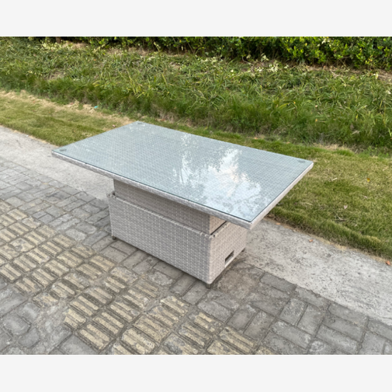 Fimous PE Wicker Rattan Garden Furniture Adjustable Rising Dining or Coffee Table In Light Grey Mixed With Clear Tempered Glass Semi Assembled