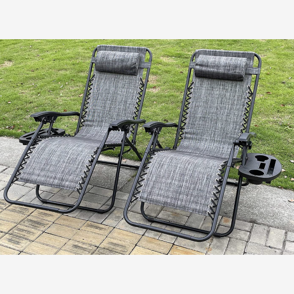 2 PC Folding Chair Adjustable Sun Lounger With Cup Holder Black