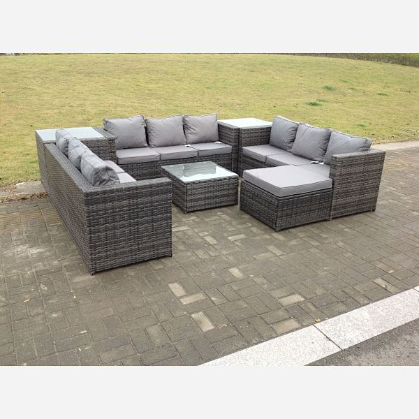 10 Seater Outdoor Lounge Sofa Garden furniture Rattan Sofa Set with Table Set Grey