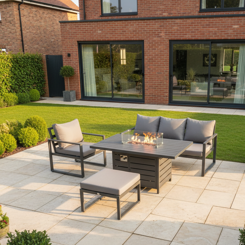 Aluminium Outdoor Garden Furniture Set Gas Fire Pit Dining Table Set Gas Heater Burner with Big Footstool Dark Grey 5 Seater