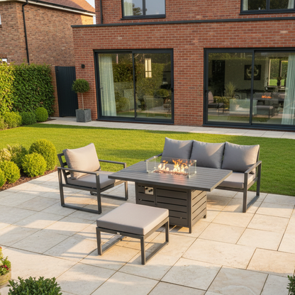 Aluminium Outdoor Garden Furniture Set Gas Fire Pit Dining Table Set Gas Heater Burner with Big Footstool Dark Grey 5 Seater