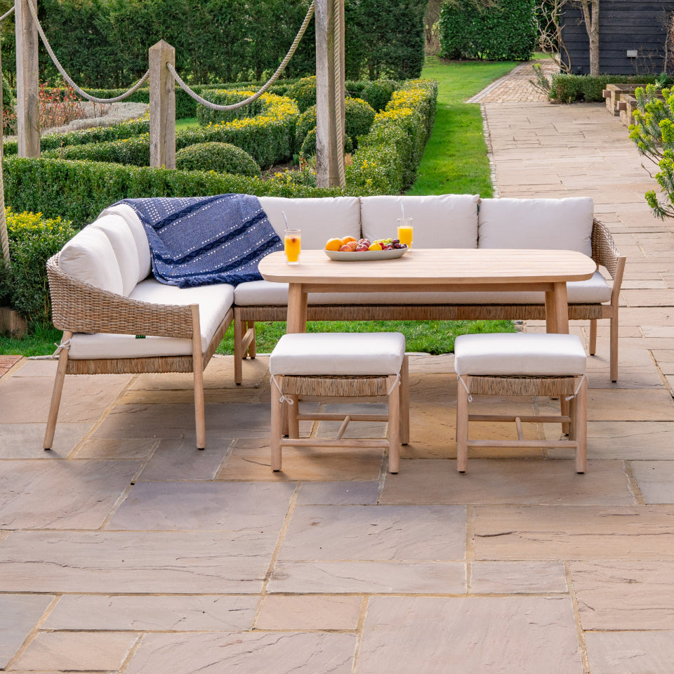 Hailey L-Shaped Corner Rattan Wood Lounge Dining Set with 2 Stools - Left Handed Standard Table in Acorn