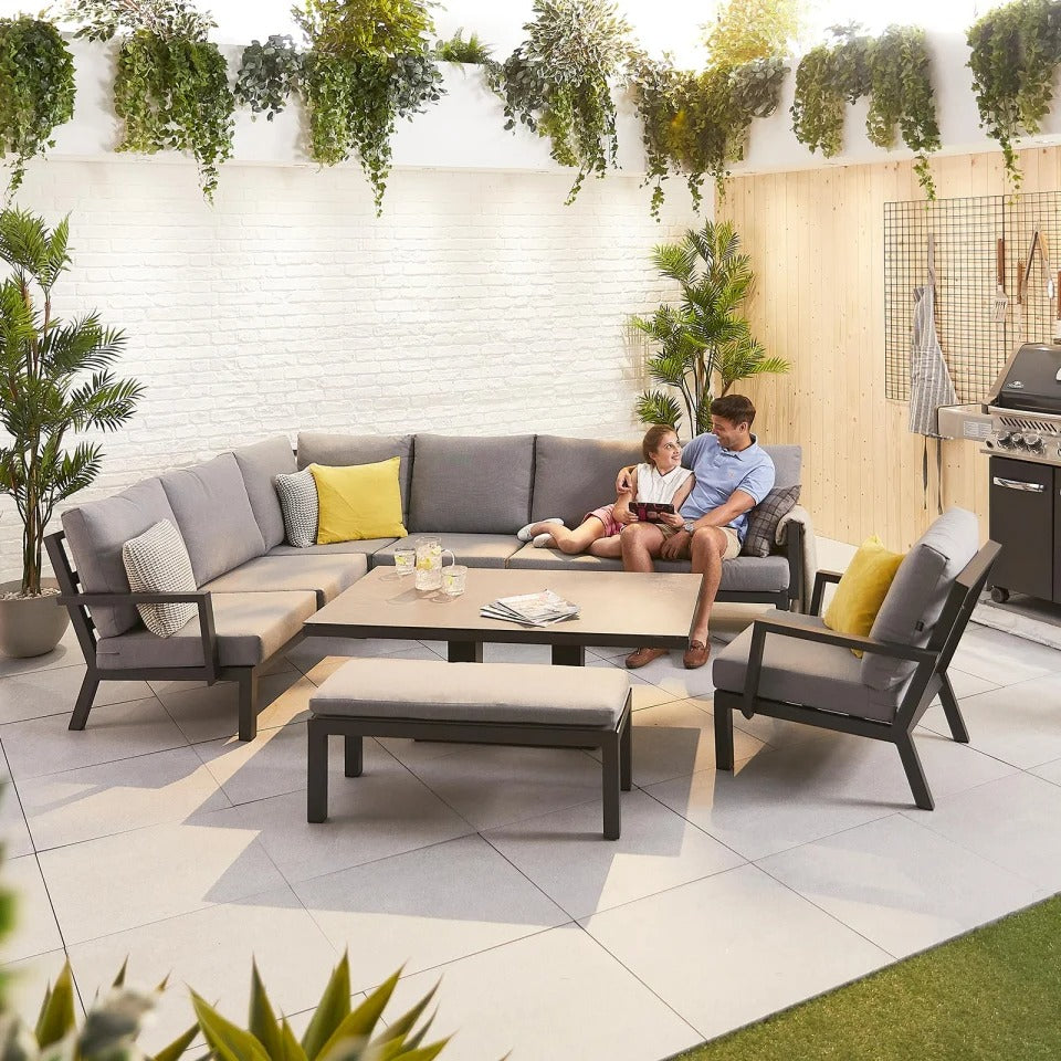 Vogue L-Shaped Corner Aluminium Lounge Dining Set with Armchair and Bench - Adjustable Rising Table in Graphite Grey