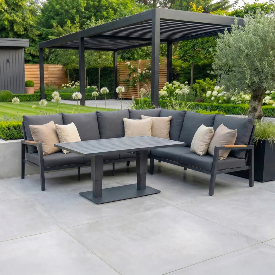 Juno L-Shaped Corner Aluminium Wood Effect Lounge Dining Set - Right Handed Adjustable Rising in Graphite Grey