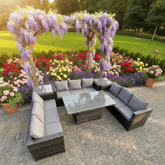 (2 side tables) rattan sofa dining set with adjustable table outdoor furniture dark mixed grey