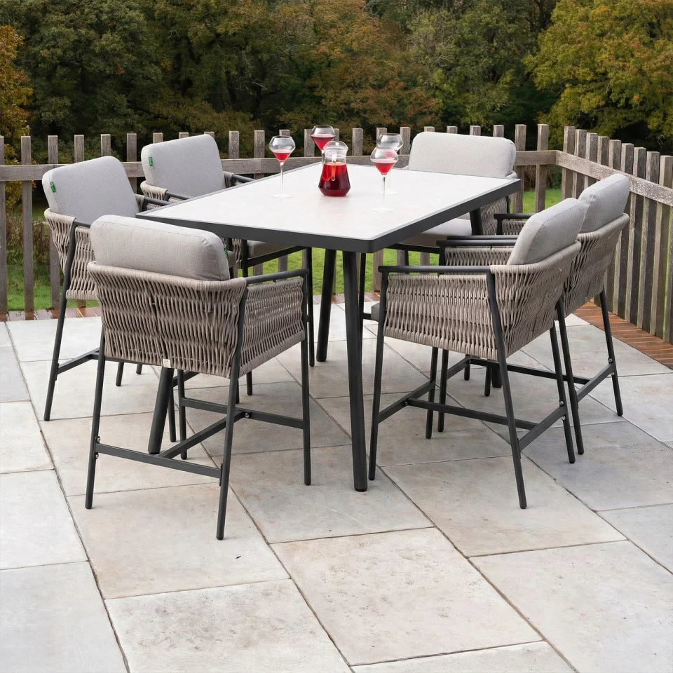 Sophia 6 Seat Rattan Aluminium High Dining Set - Rectangular Table in Mottled Grey