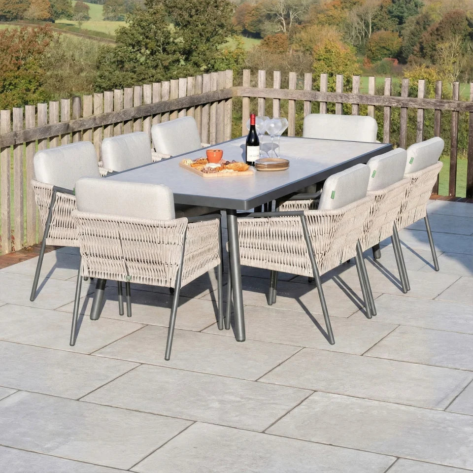 Sophia 8 Seat Rattan Aluminium Dining Set - Rectangular Table in Mottled Grey